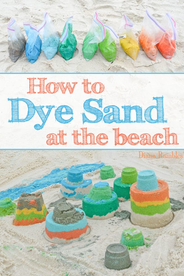 collage with photos showing how to dye sand at the beach