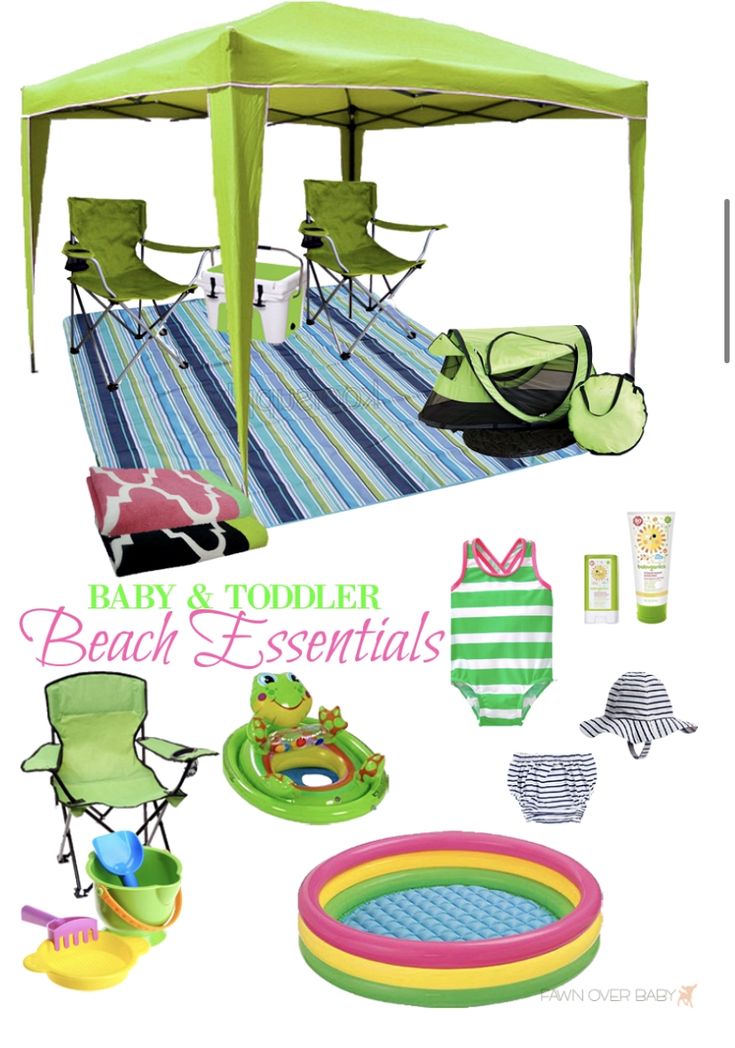 This may contain: a baby and toddler beach essentials set up on a white background with text overlay