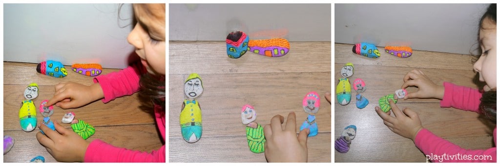 3 images of kid playing with rocks.