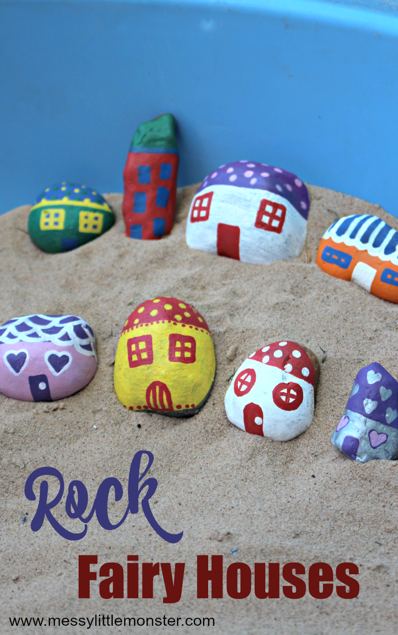 How to make painted rock fairy houses. Easy rock painting ideas for kids. Use a few rock painting supplies to do pebble painting and make fun painted rocks crafts. Easy fairy garden ideas for preschoolers upwards.