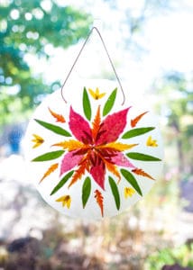 Completed Autumn Mandala Suncatcher hanging in a window.