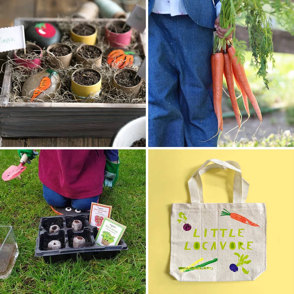 A photo collage of four kids spring vegetable gardening activities