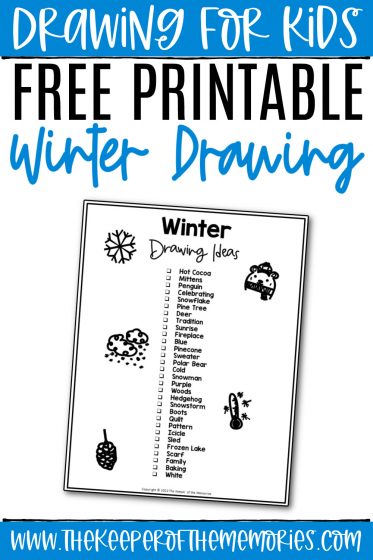 collage of winter drawing ideas with text: Drawing for Kids Free Printable Winter Drawing