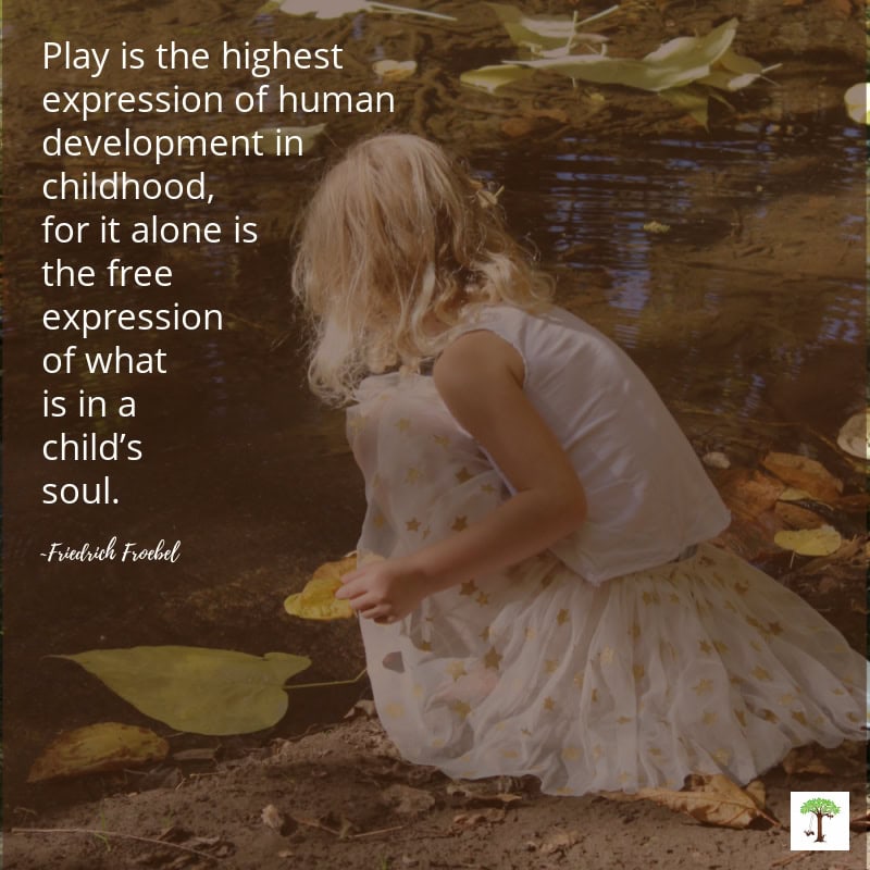 Girl playing with leaves sitting near a creek shore with quote about play, 