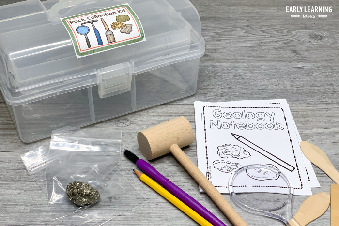 A rock collection kit for a preschool geology lab dramatic play center
