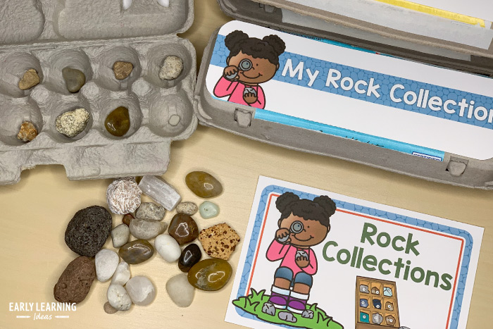 study a rock collection in a preschool geology lab dramatic play center