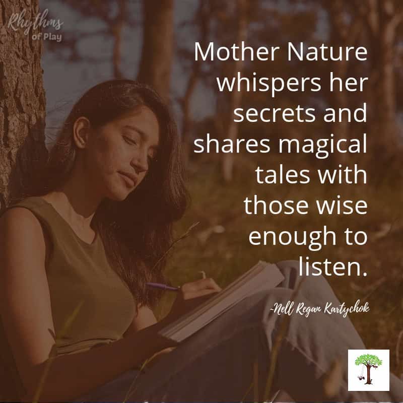 Woman writing in nature journal with quote, 