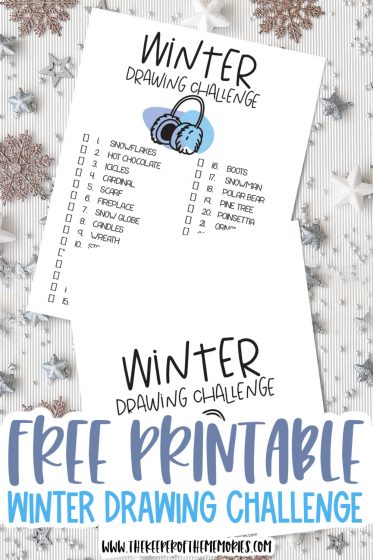 winter drawing challenge printables on stylized background with text: Free Printable Winter Drawing Challenge