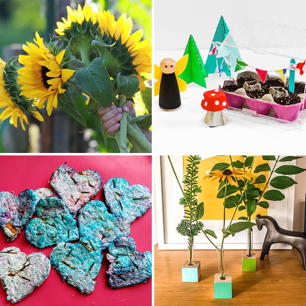 A collage of four pictures of kids spring flower activities.