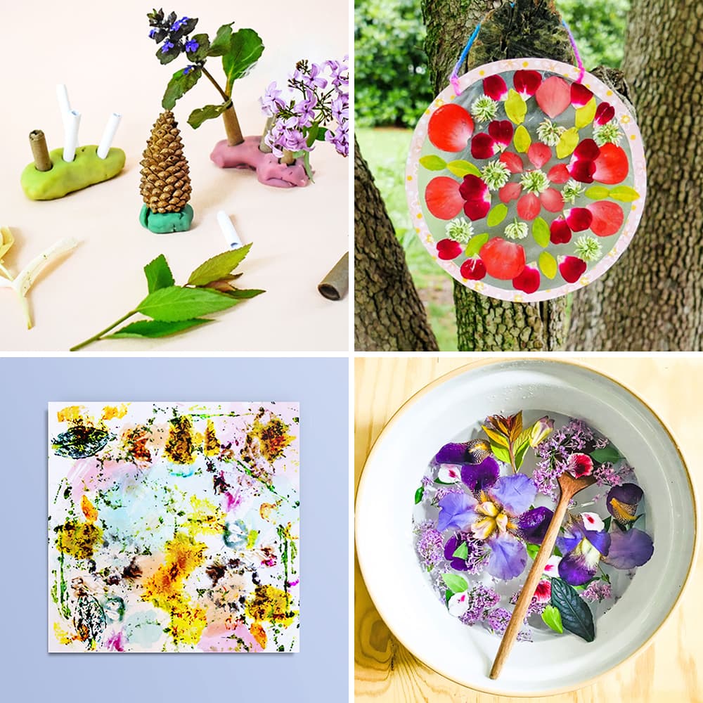 A collage of four pictures of kids spring flower activities.