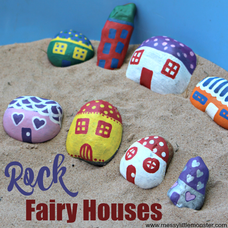 How to make painted rock fairy houses. Easy rock painting ideas for kids. Use a few rock painting supplies to do pebble painting and make fun painted rocks crafts. Easy fairy garden ideas for preschoolers upwards.