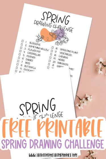 spring drawing challenge printables on stylized background with text: Free Printable Spring Drawing Challenge