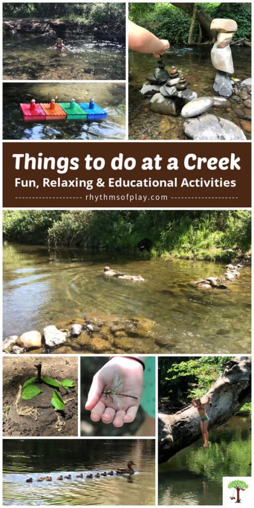 Photo collage of creek activities including several fun, relaxing, and educational things to do at a creek.