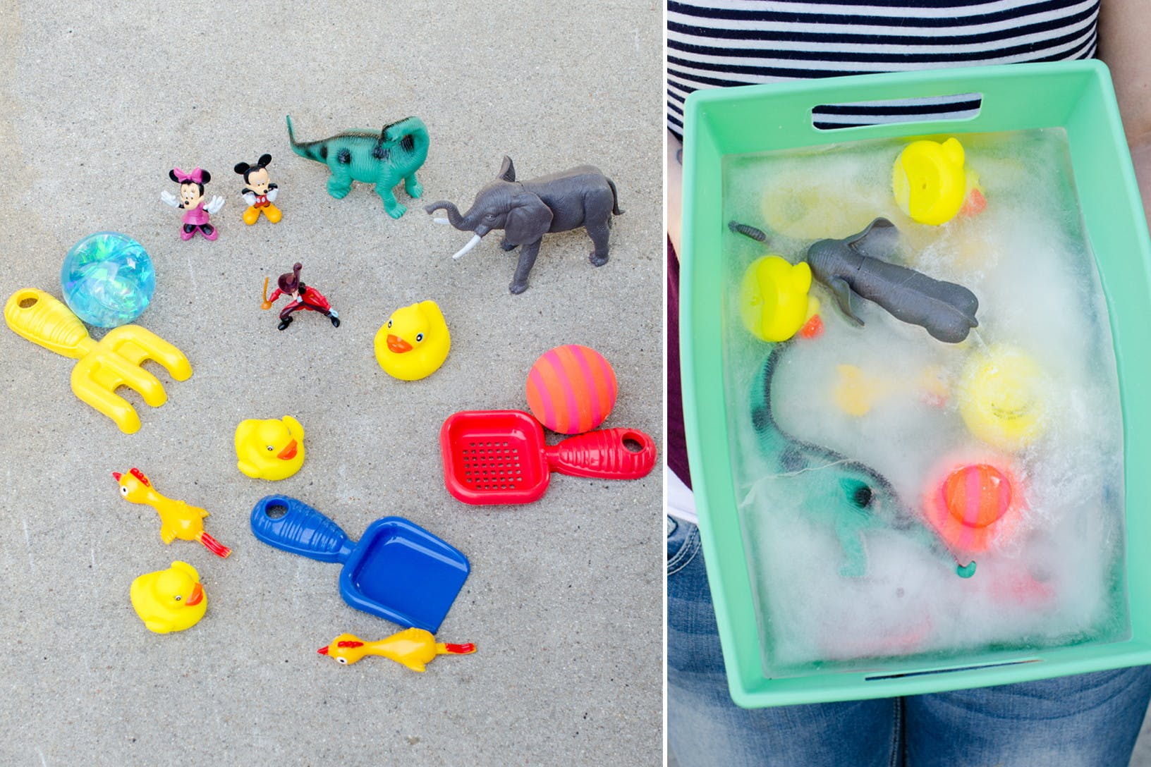 Toys on a sidewalk and a bucket with ice that has toys frozen inside.