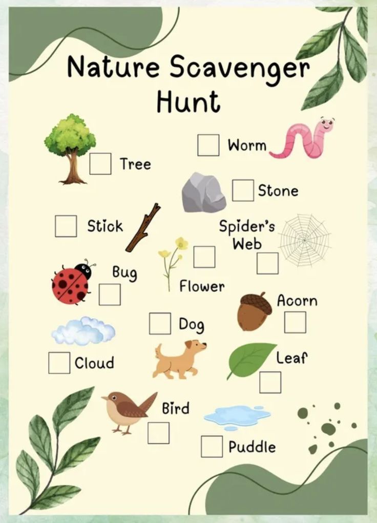 This may contain: the nature scavenger hunt is shown with animals, plants and other things on it
