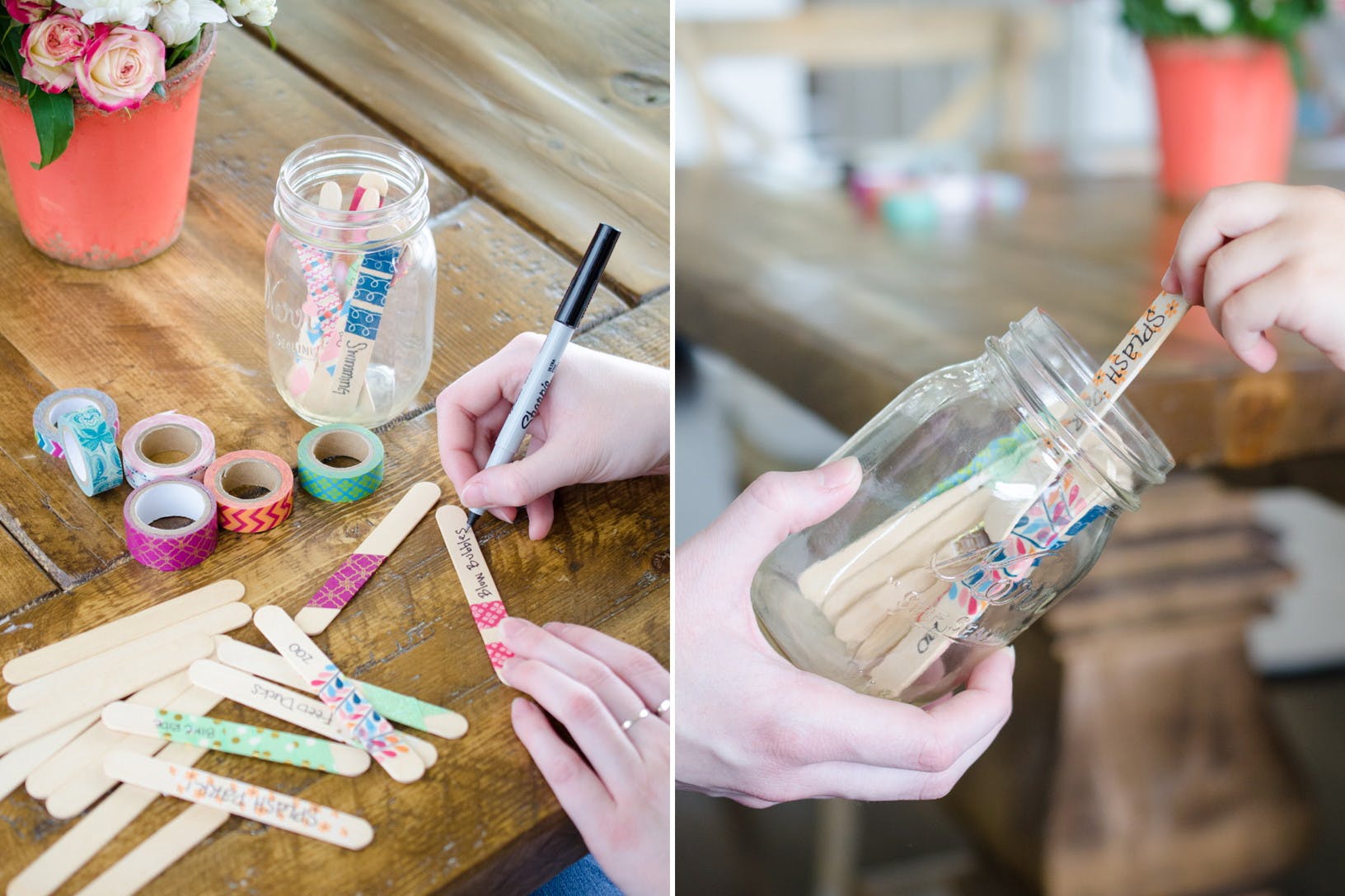 Someone writing ideas on popsicle sticks then placing them in a jar.