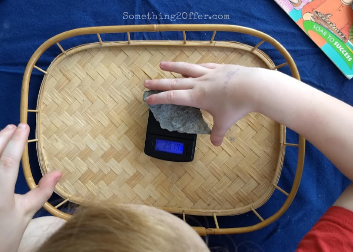weighing fossil on gram pocket scale