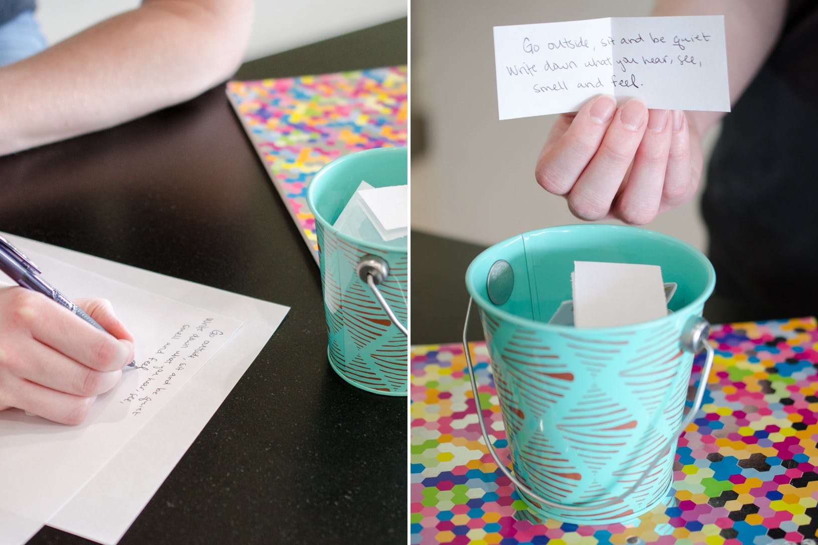 Someone writing notes on paper and placing them in a bucket.