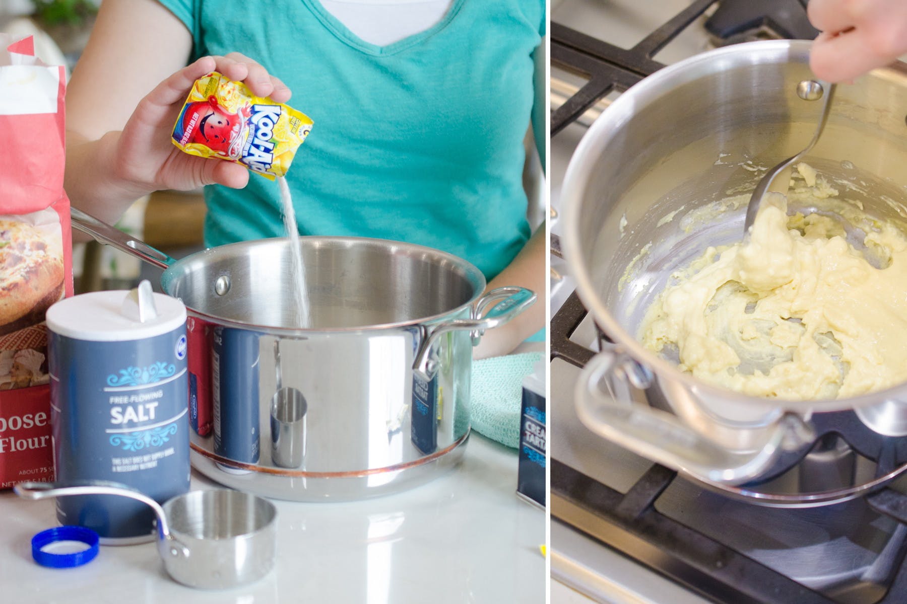 Someone pouring Kool-Aid into a mixture in a pot