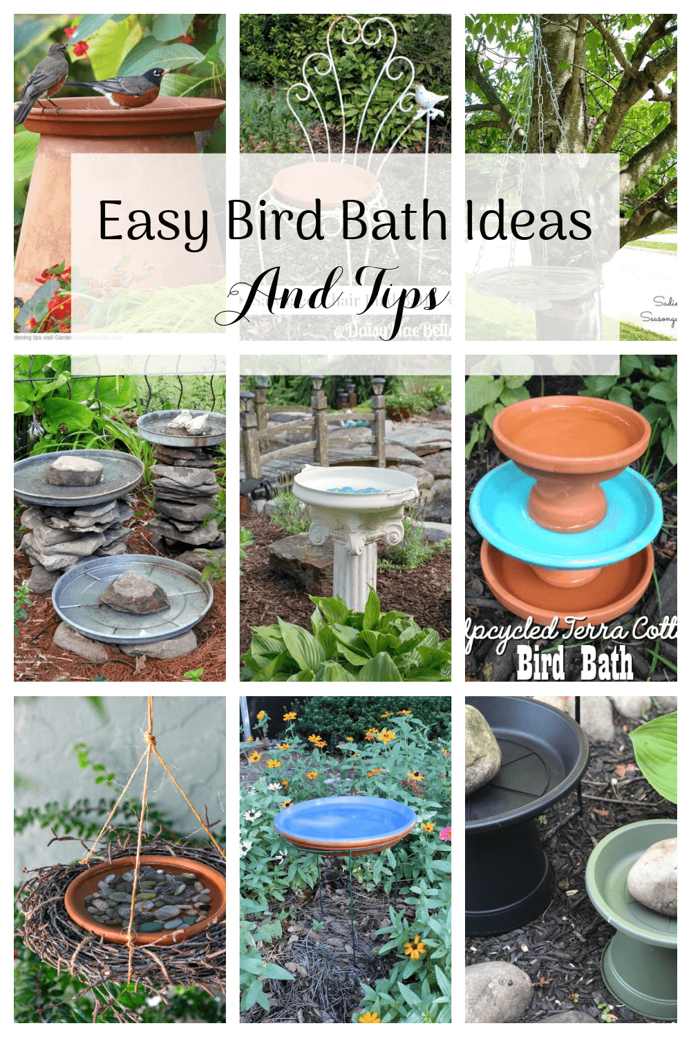 In Easy Bird Bath Ideas & Tips, a collage of DIY bird baths to create