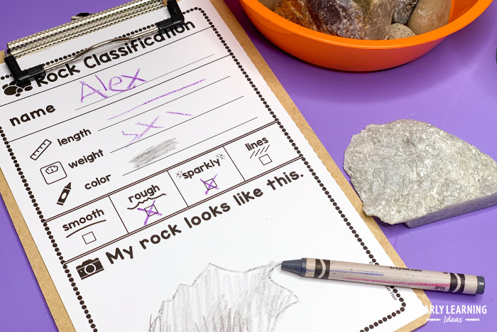 Use the simple printable classification sheet to classify rocks in preschool dramatic play center