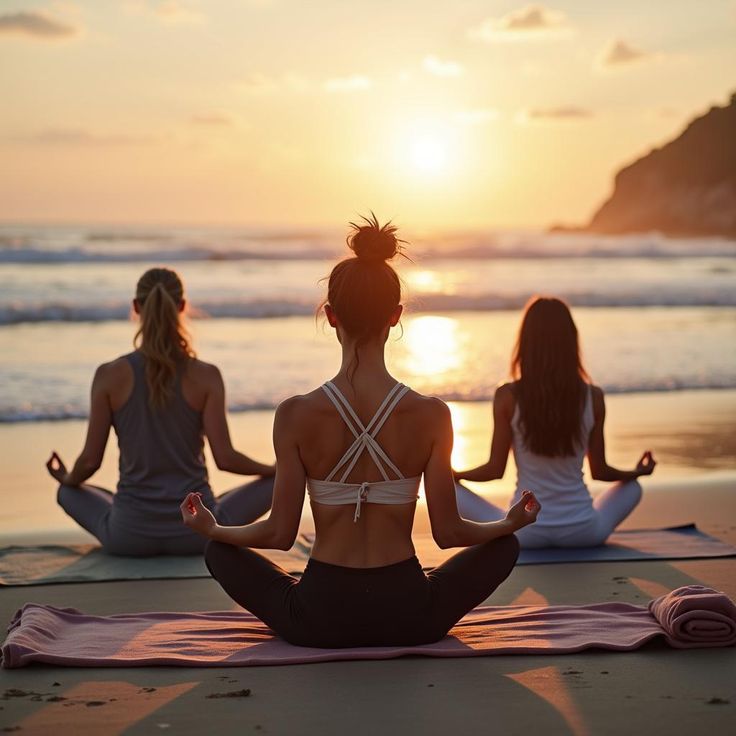 This may contain: three women doing yoga on the beach at sunset with their backs turned to the camera