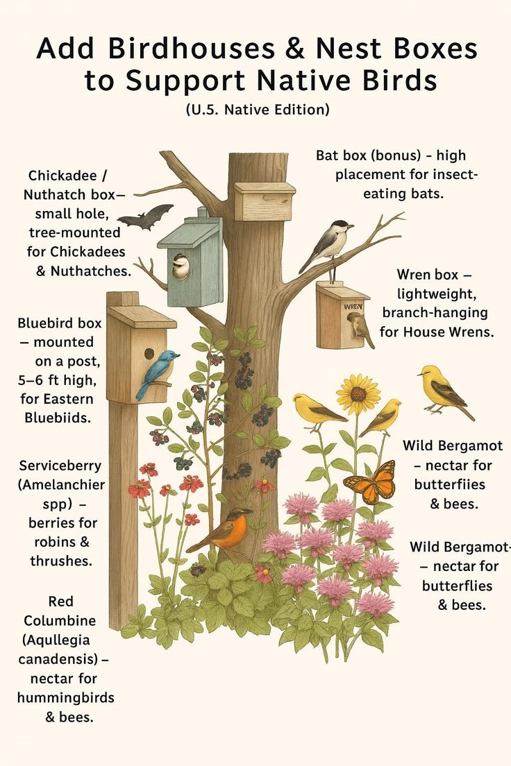 This may contain: the birdhouse and nest boxes are labeled in this poster, which shows different types of birds