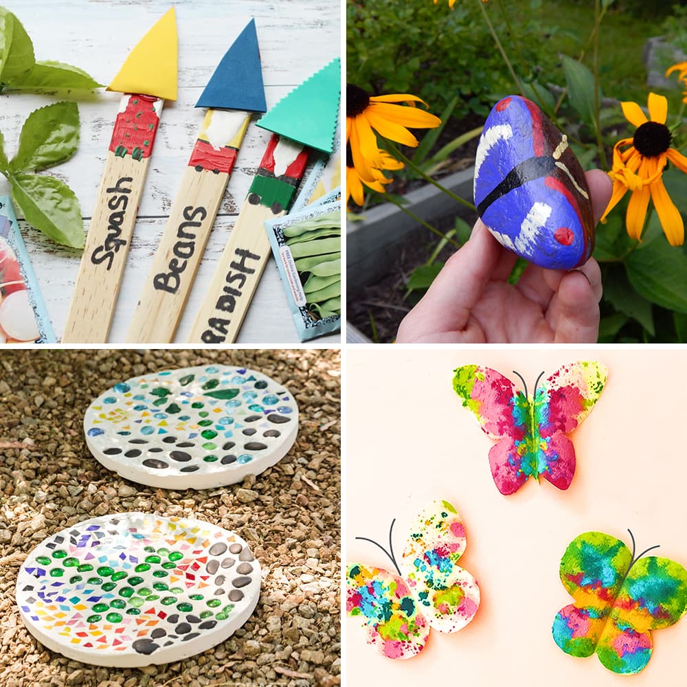 A collage of four kids spring crafts for a garden 