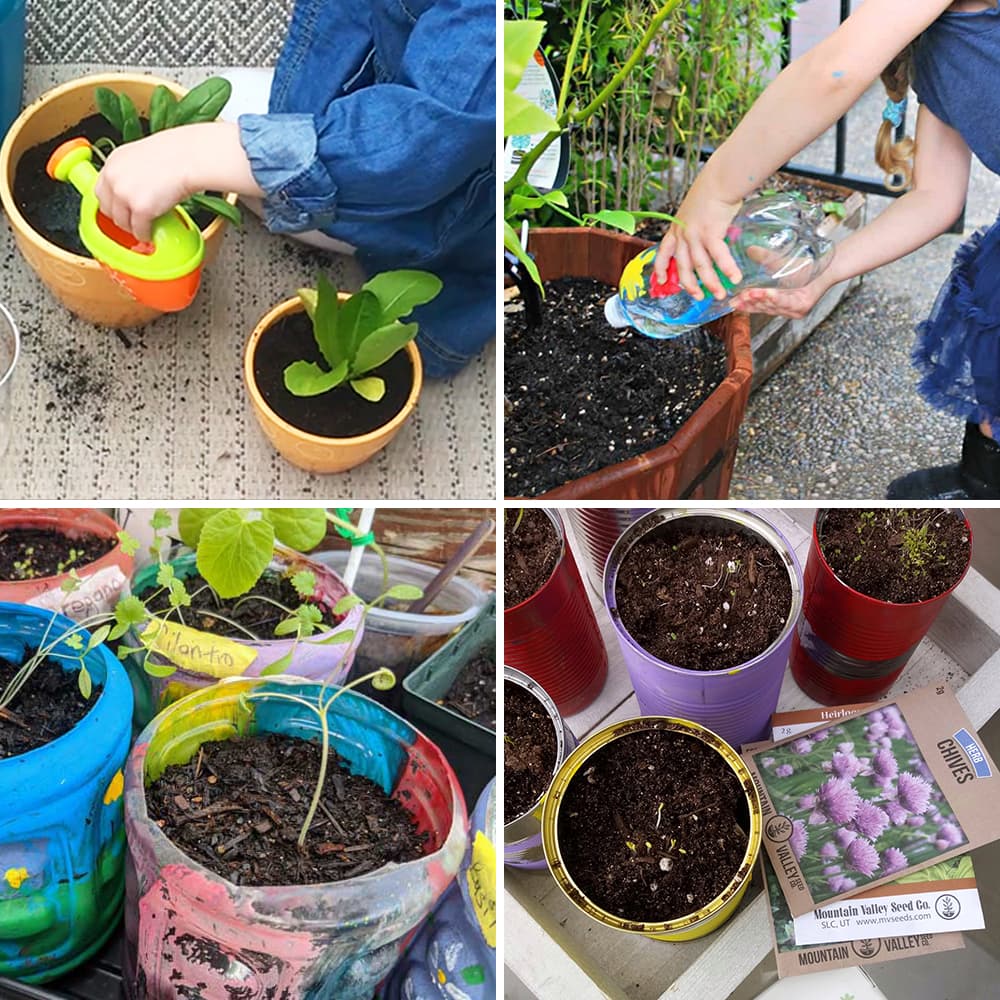 A collage of four basic kids spring gardening activities