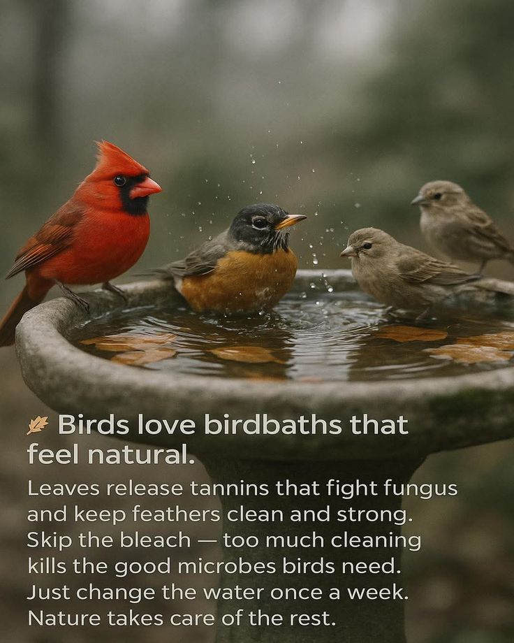 This may contain: three birds sitting on top of a birdbath with water in front of it