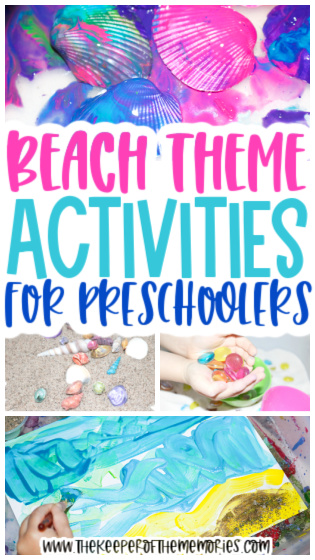 collage of beach preschool theme activities with text: Beach Theme Activities for Preschoolers