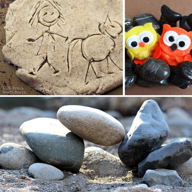 Rock activities like rock balancing, rock towers, and petroglyph play dough