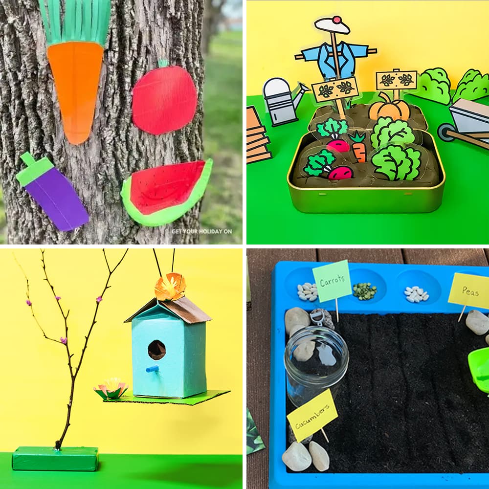 A photo collage of four kids spring gardening play activities