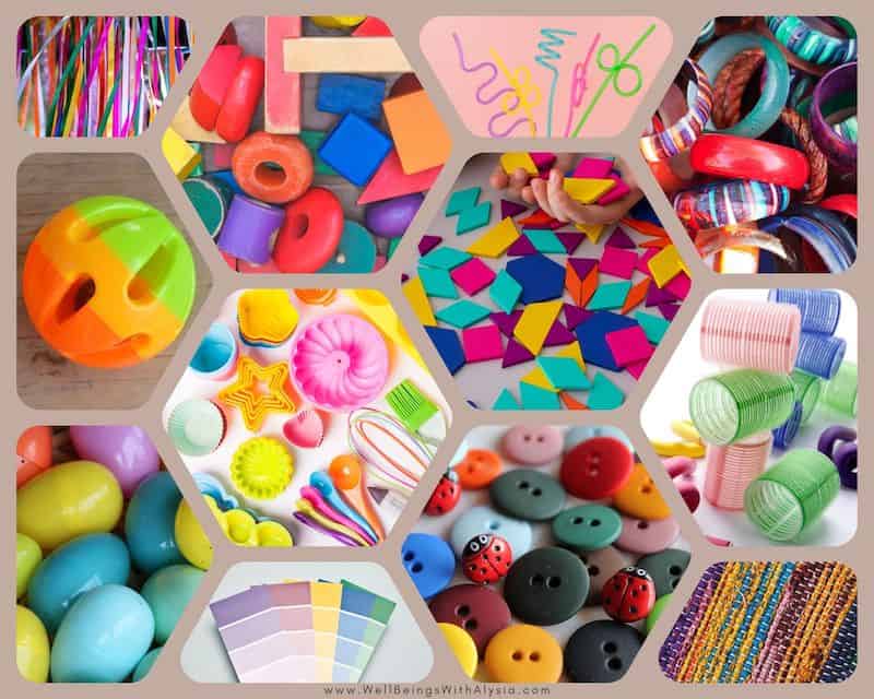 Collage of loose parts play materials that are bright and colorful.