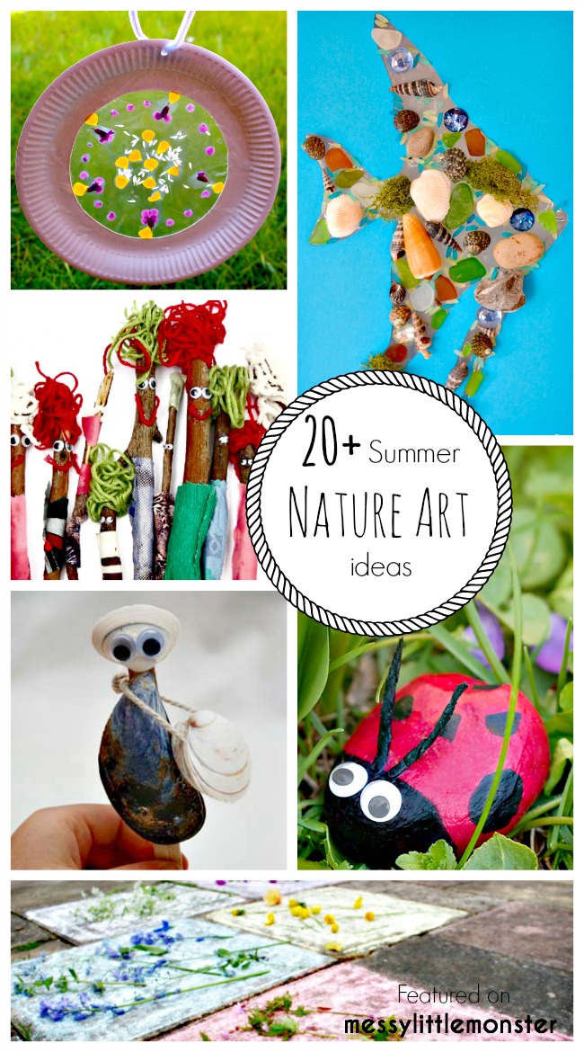 Summer Nature Art and Craft Ideas for Kids. 20 fun outdoor activity ideas using nature for toddlers, preschoolers and older kids to enjoy. Stone, stick, flower, shell and leave nature crafts.