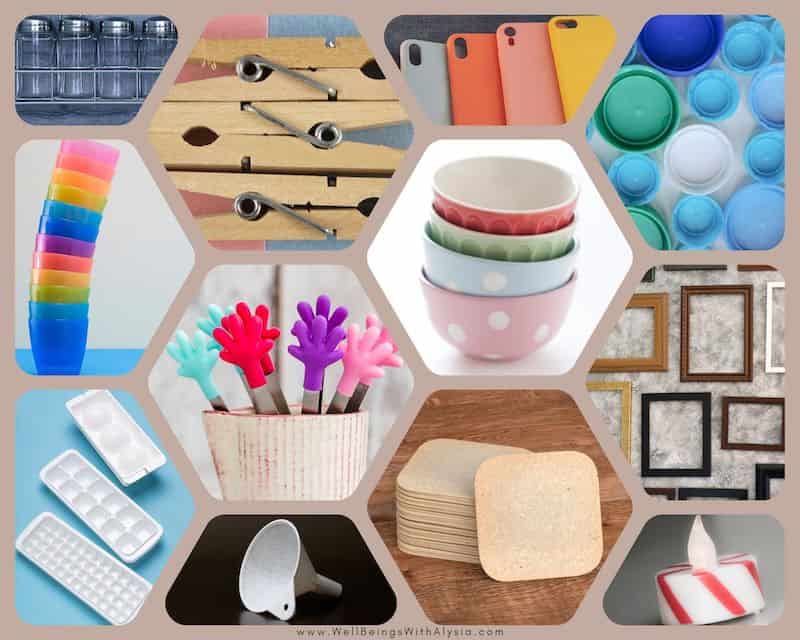 Collage of loose parts play materials that are commonly found in households.