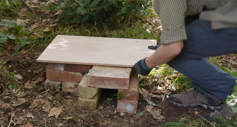 A person putting a wooden lid on a little brick hedgehog house