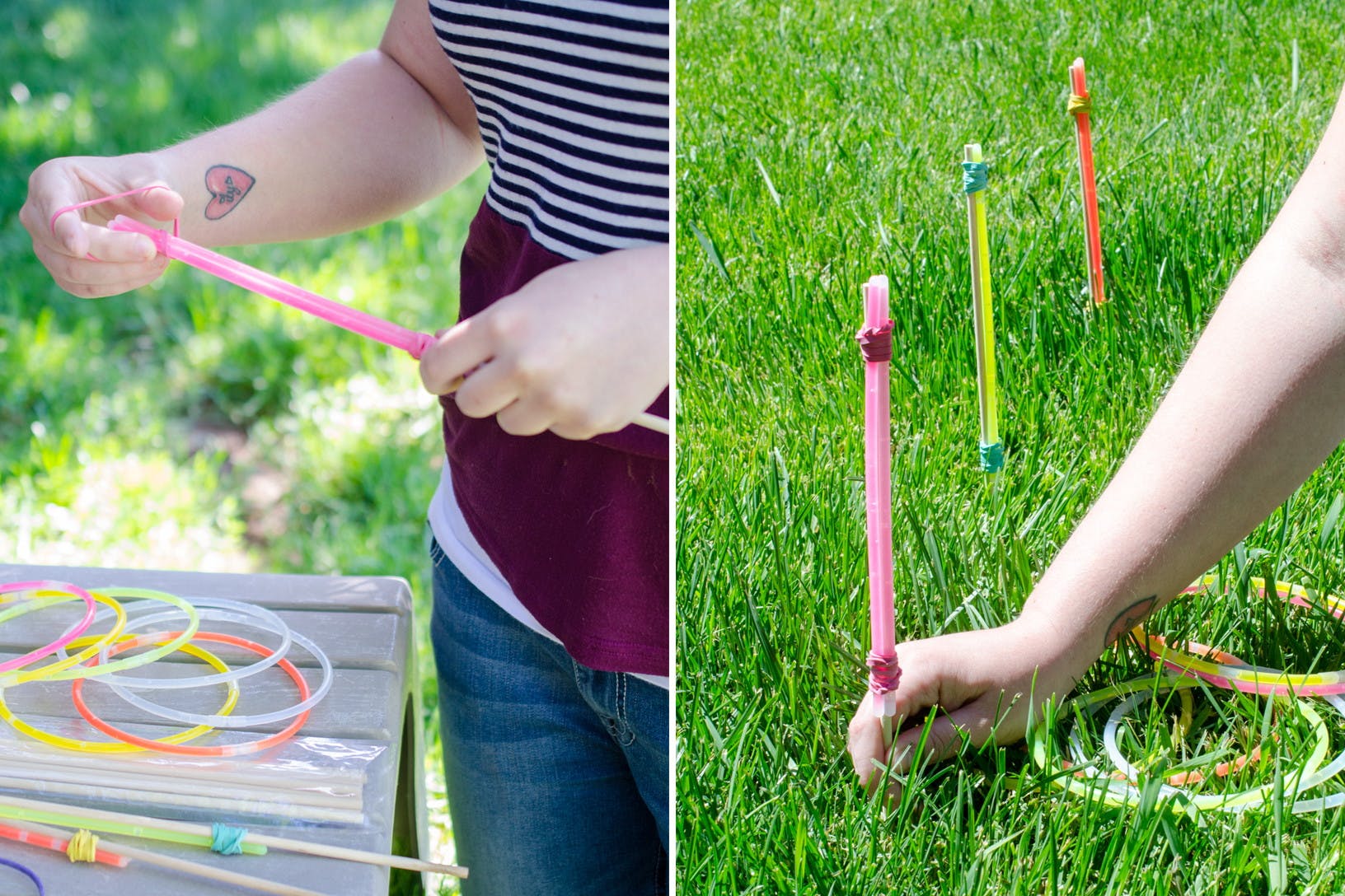 Someone tying glow sticks together then sticking them in grass