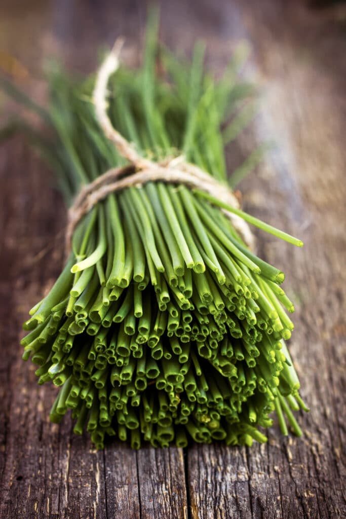 A bunch of freshly cut chives on a rustic wooden background. 