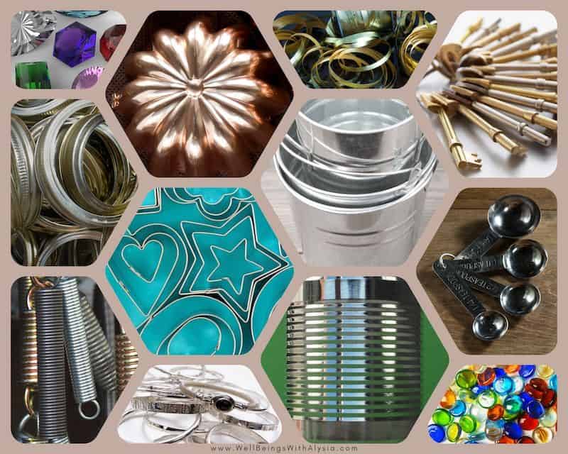 Collage of loose parts play materials that are made from metal or other metallic, reflective materials.