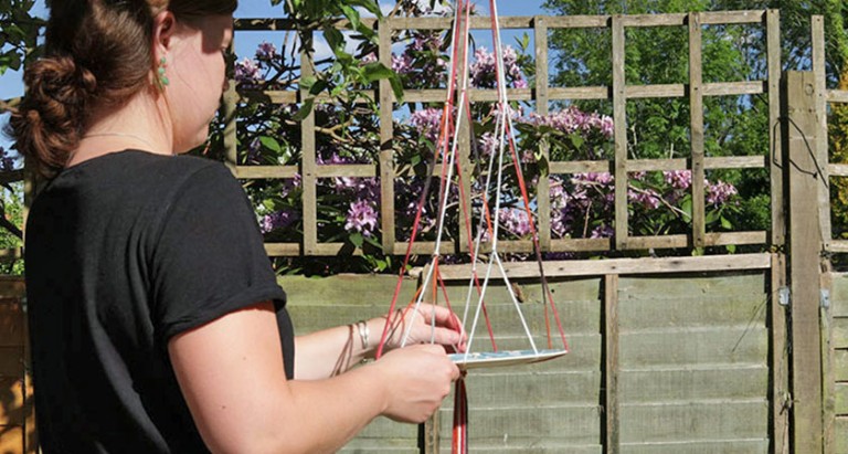 A person setting up on their garden fence a plate hung up as a feeder