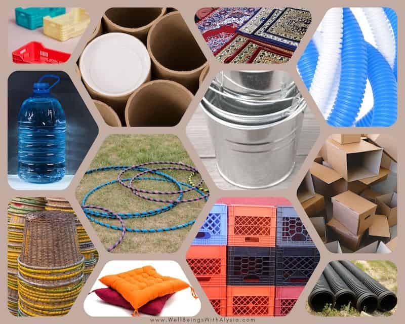 Collage of loose parts play materials that are large such as crates, cushions, and poster tubes.