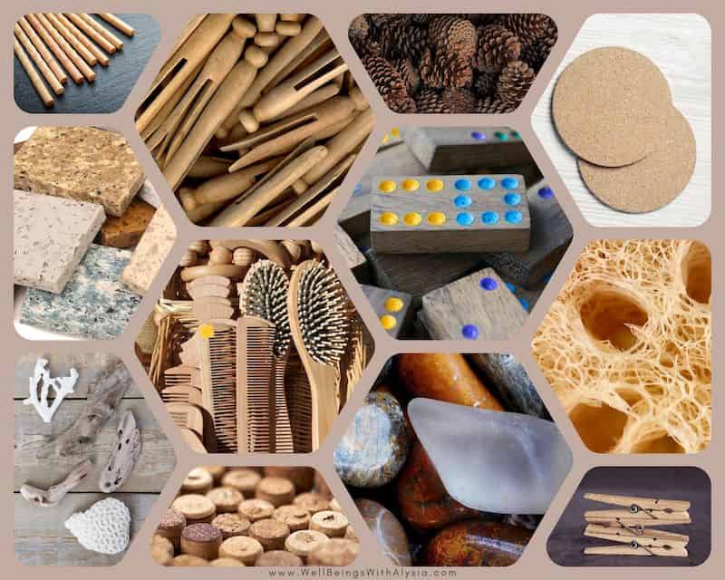 Collage of loose parts objects that are made from natural materials.