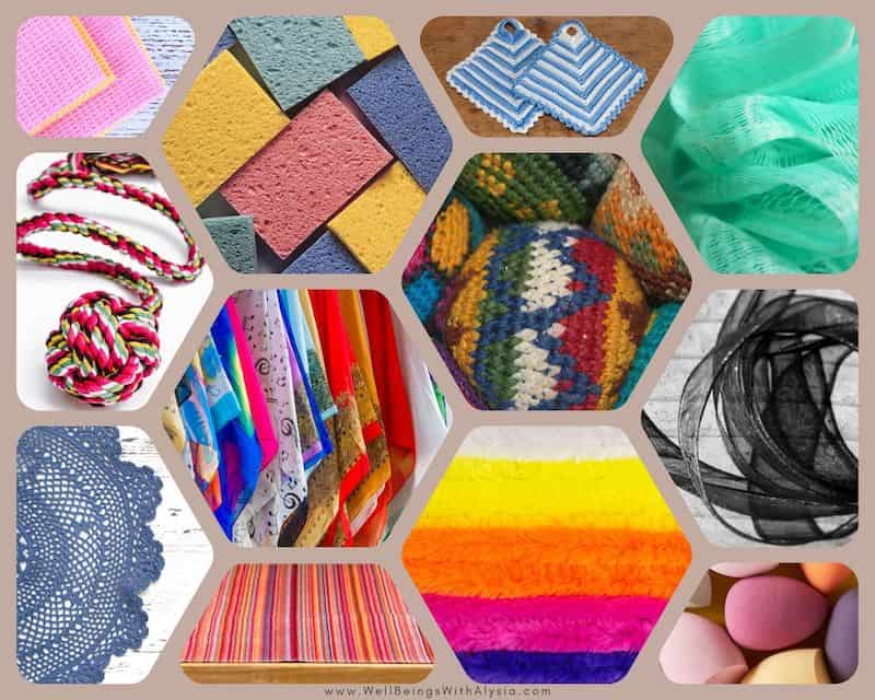 Collage of loose parts play materials that are soft, spongy, or flexible.