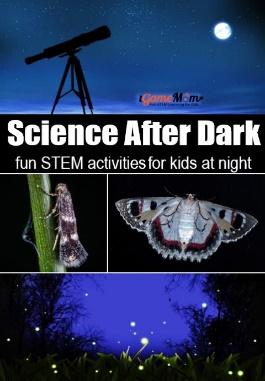 Science after dark at night for kids. Fun STEM activities for a summer night: stargazing learn constellation, catch moth and firefly to learn animal behavior and nature light, moon phases, ...