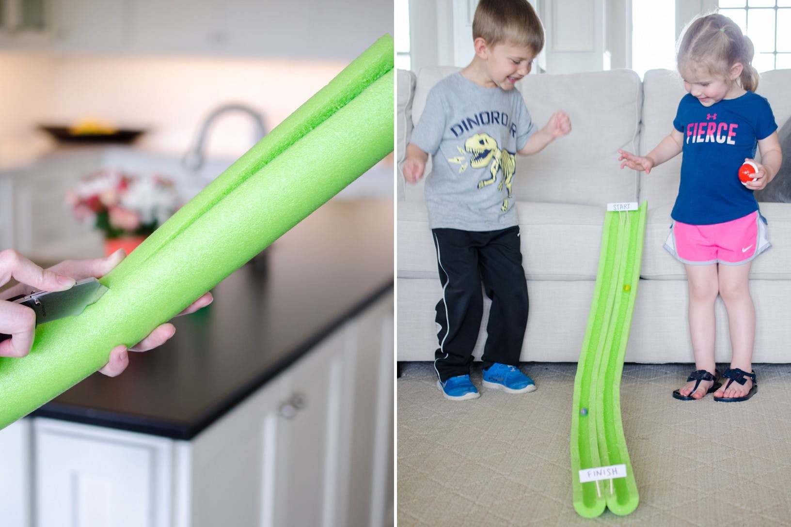 Someone slicing a pool noodle lengthwise and two kids rolling marbles down a halved pool noodle.