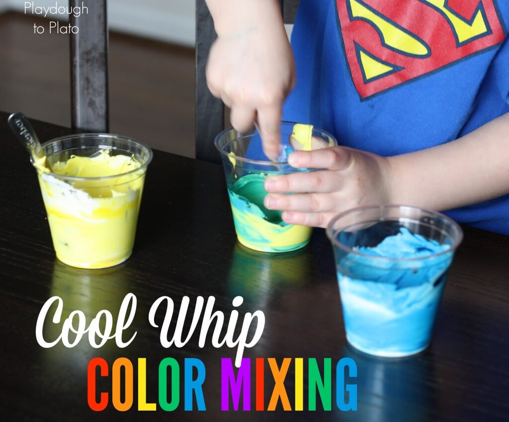 Fun way to help kids learn colors. Cool Whip Color Mixing! {Playdough to Plato}