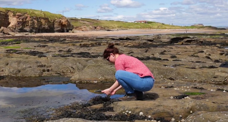 A person at a rocky beach, crouched over a pool