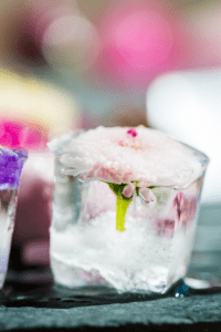 large ice cube with pink frozen flower and stem for playing with ice activity for toddlers