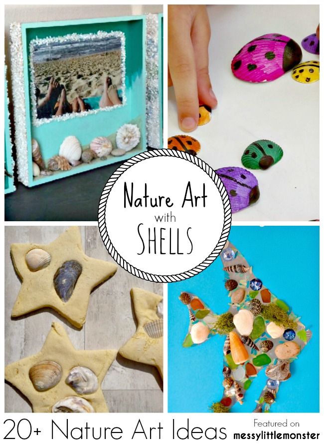 Summer Nature Art and Craft Ideas for kids using sea shells. 20 fun outdoor activity ideas using nature for toddlers, preschoolers and older kids to enjoy.